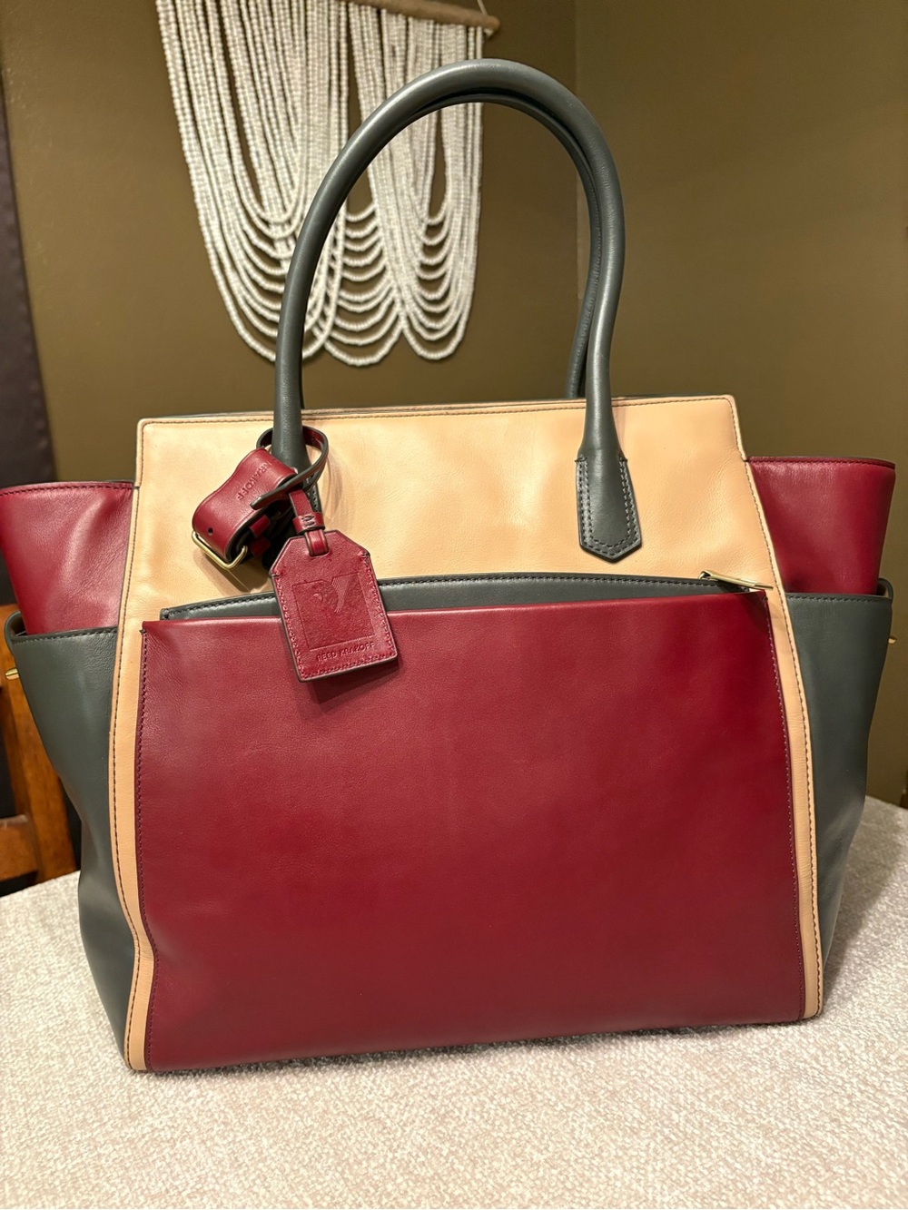 Reed Krakoff Colorblock Leather Tote Bag in Burgundy, Beige &‎ Gray
